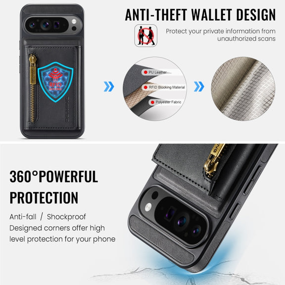 For Google Pixel 9 Pro XL DG.MING M5 Series Zip RFID Multi Card Detachable Leather Phone Case(Black)