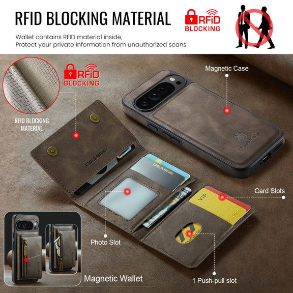 For Google Pixel 9 Pro XL DG.MING M5 Series Zip RFID Multi Card Detachable Leather Phone Case(Coffee)