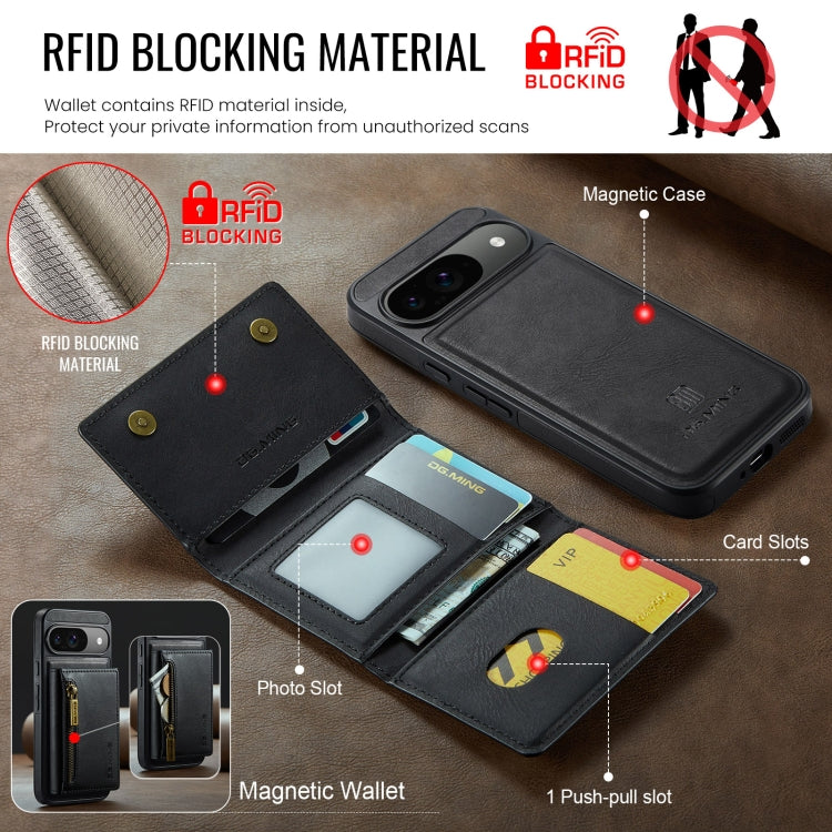 For Google Pixel 9 / 9 Pro DG.MING M5 Series Zip RFID Multi Card Detachable Leather Phone Case(Black)