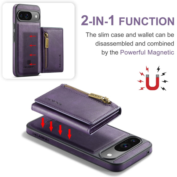 For Google Pixel 9 / 9 Pro DG.MING M5 Series Zip RFID Multi Card Detachable Leather Phone Case(Purple)