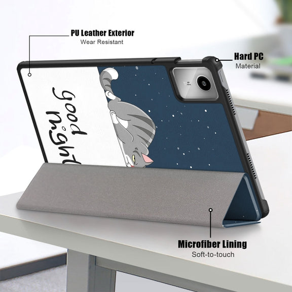 For Lenovo Tab M11/ Xiaoxin Pad 11 2024 Custer Painted 3-Fold Holder Leather Smart Tablet Case(Lazy Cat)