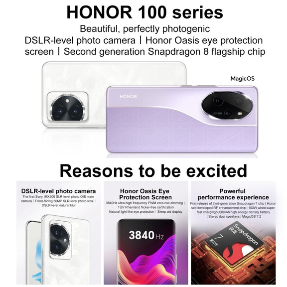 Honor 100, 16GB+512GB, Screen Fingerprint Identification, 6.7 inch MagicOS 7.2 Snapdragon 7 Gen 3 Octa Core up to 2.63GHz, Network: 5G, NFC, OTG, Support Google Play(White)