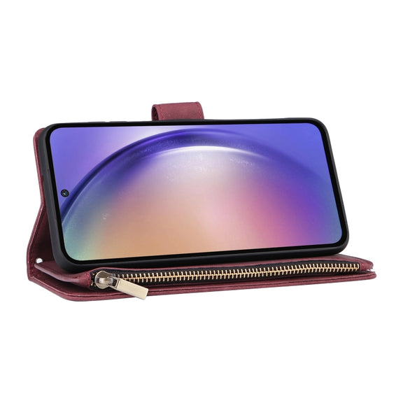 For Samsung Galaxy A55 5G Multifunctional Frosted Zipper Wallet Leather Phone Case(Wine Red)