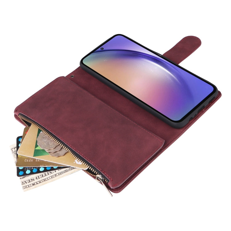 For Samsung Galaxy A55 5G Multifunctional Frosted Zipper Wallet Leather Phone Case(Wine Red) - Galaxy Phone Cases by PMC TechLife | Online Shopping South Africa | PMC TechLife