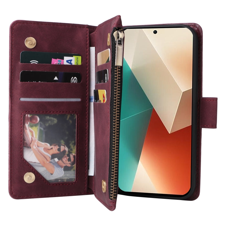 For Xiaomi Redmi Note 13 5G Multifunctional Frosted Zipper Wallet Leather Phone Case(Wine Red) - Note 13 Cases by PMC TechLife | Online Shopping South Africa | PMC TechLife | Buy Now Pay Later Mobicred