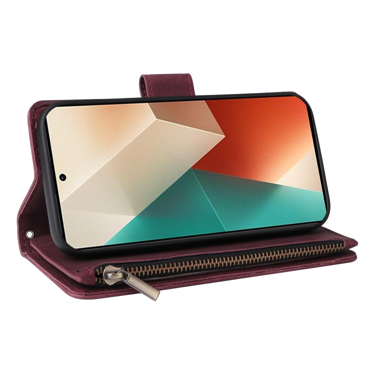 For Xiaomi Redmi Note 13 5G Multifunctional Frosted Zipper Wallet Leather Phone Case(Wine Red) - Note 13 Cases by PMC TechLife | Online Shopping South Africa | PMC TechLife | Buy Now Pay Later Mobicred