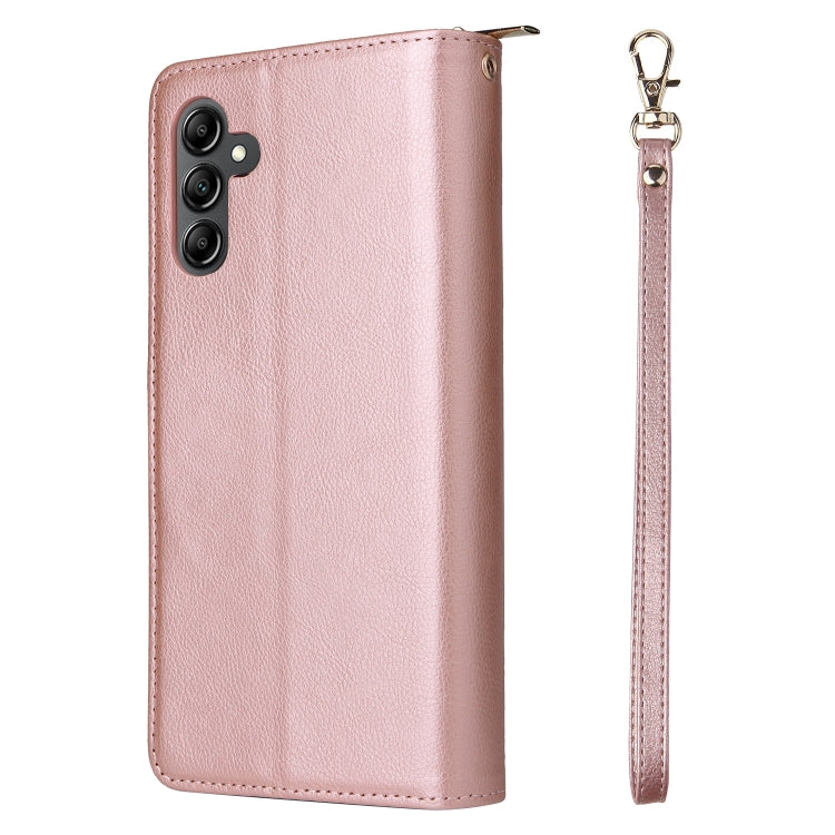 For Samsung Galaxy A15 5G 9-Card Slots Zipper Wallet Bag Leather Phone Case(Rose Gold)