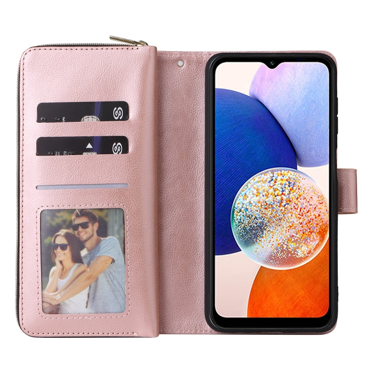 For Samsung Galaxy A15 5G 9-Card Slots Zipper Wallet Bag Leather Phone Case(Rose Gold)