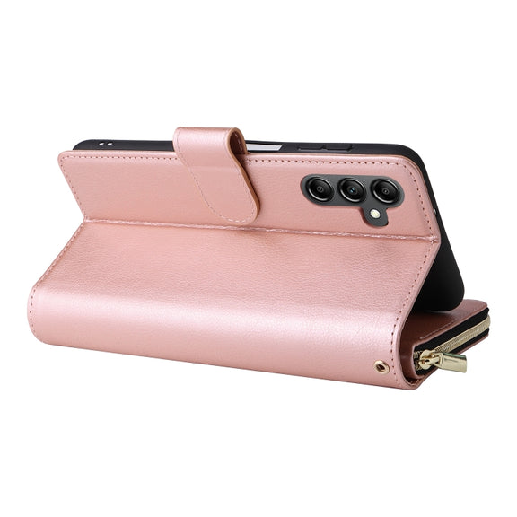 For Samsung Galaxy A15 5G 9-Card Slots Zipper Wallet Bag Leather Phone Case(Rose Gold)