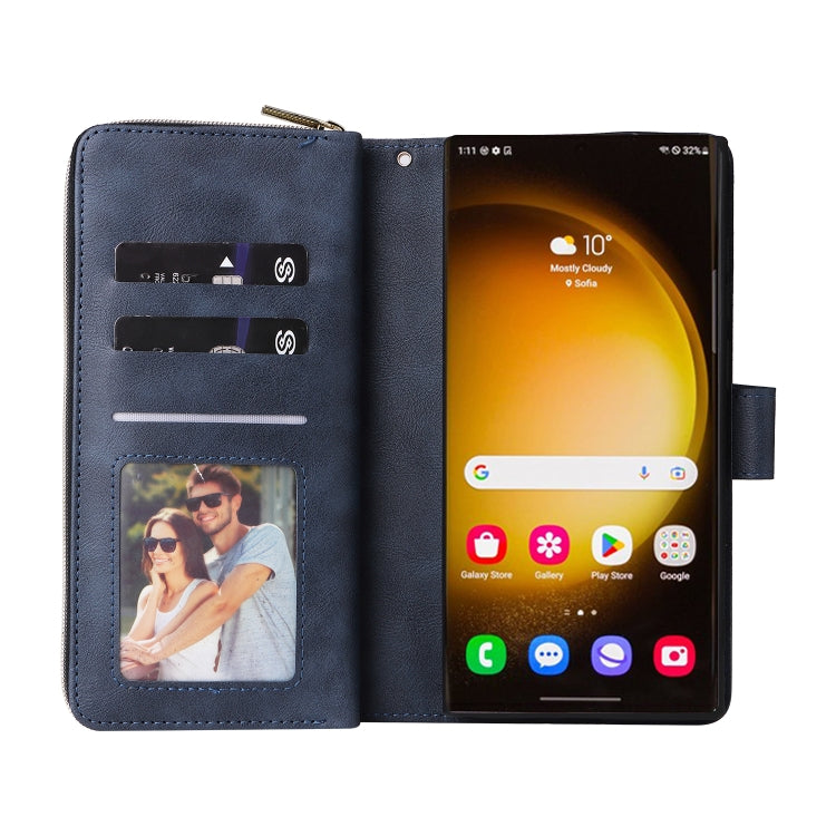 For Samsung Galaxy S24 Ultra 5G 9-Card Slots Zipper Wallet Bag Leather Phone Case(Blue)