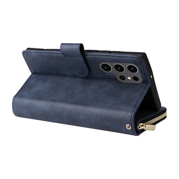 For Samsung Galaxy S24 Ultra 5G 9-Card Slots Zipper Wallet Bag Leather Phone Case(Blue)