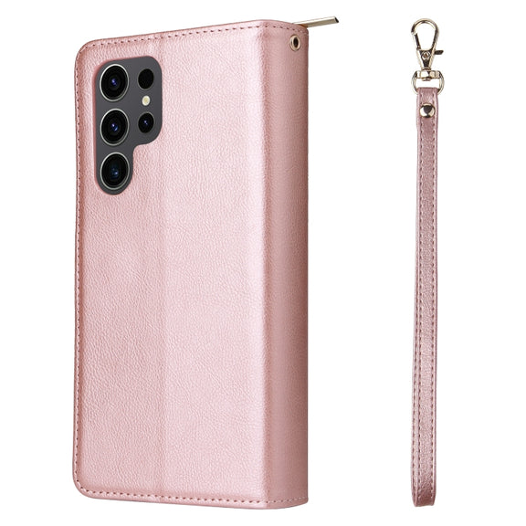 For Samsung Galaxy S24 Ultra 5G 9-Card Slots Zipper Wallet Bag Leather Phone Case(Rose Gold)