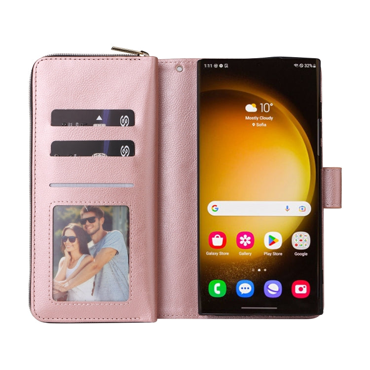 For Samsung Galaxy S24 Ultra 5G 9-Card Slots Zipper Wallet Bag Leather Phone Case(Rose Gold)