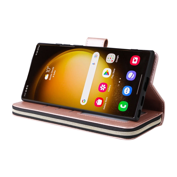 For Samsung Galaxy S24 Ultra 5G 9-Card Slots Zipper Wallet Bag Leather Phone Case(Rose Gold)