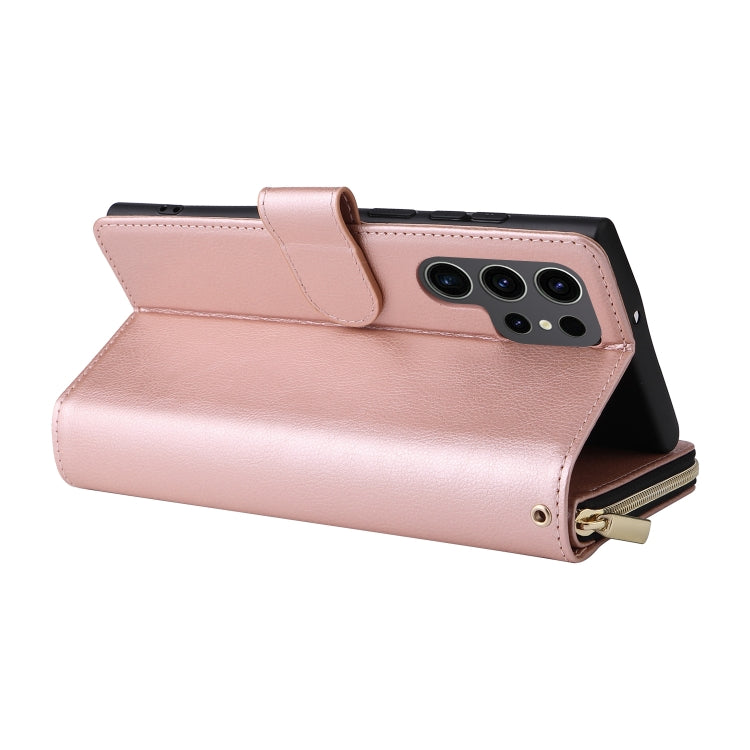 For Samsung Galaxy S24 Ultra 5G 9-Card Slots Zipper Wallet Bag Leather Phone Case(Rose Gold)