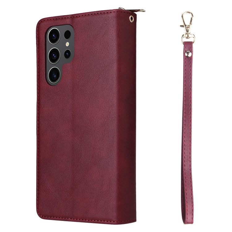 For Samsung Galaxy S24 Ultra 5G 9-Card Slots Zipper Wallet Bag Leather Phone Case(Wine Red)