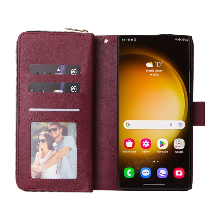 For Samsung Galaxy S24 Ultra 5G 9-Card Slots Zipper Wallet Bag Leather Phone Case(Wine Red)