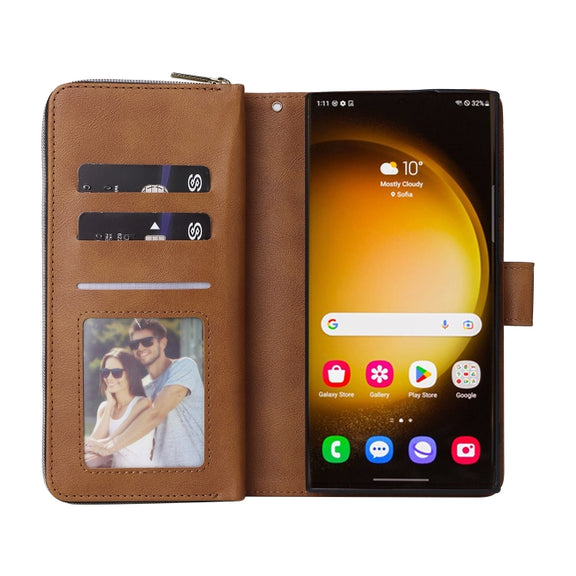 For Samsung Galaxy S24 Ultra 5G 9-Card Slots Zipper Wallet Bag Leather Phone Case(Brown)