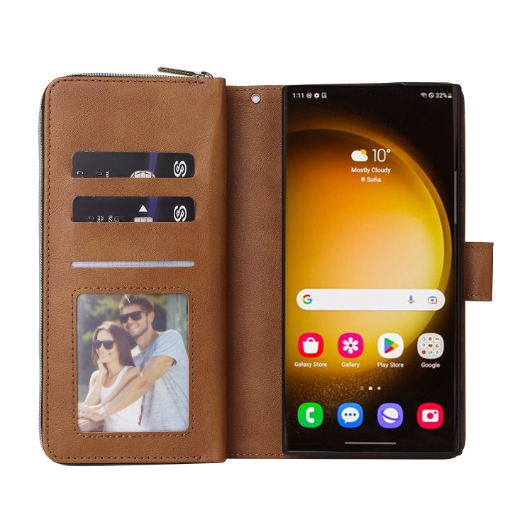 For Samsung Galaxy S24 Ultra 5G 9-Card Slots Zipper Wallet Bag Leather Phone Case(Brown)