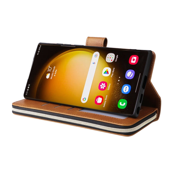 For Samsung Galaxy S24 Ultra 5G 9-Card Slots Zipper Wallet Bag Leather Phone Case(Brown)