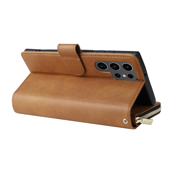 For Samsung Galaxy S24 Ultra 5G 9-Card Slots Zipper Wallet Bag Leather Phone Case(Brown)