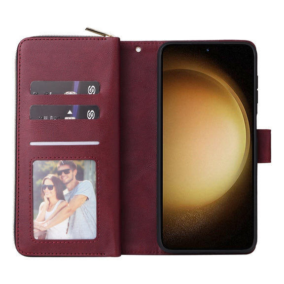 For Samsung Galaxy S24+ 5G 9-Card Slots Zipper Wallet Bag Leather Phone Case(Wine Red)
