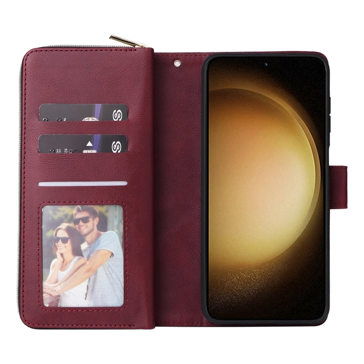 For Samsung Galaxy S24+ 5G 9-Card Slots Zipper Wallet Bag Leather Phone Case(Wine Red)