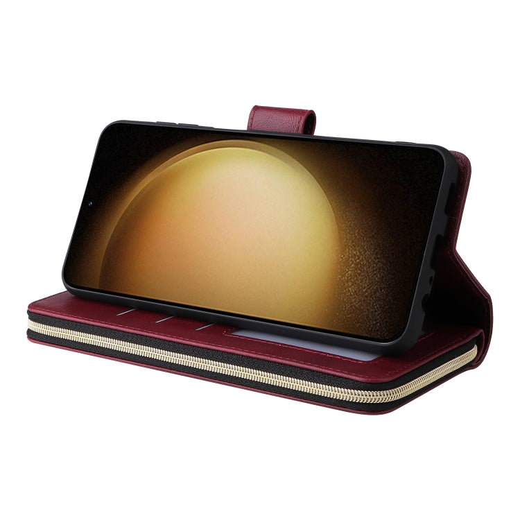 For Samsung Galaxy S24+ 5G 9-Card Slots Zipper Wallet Bag Leather Phone Case(Wine Red)