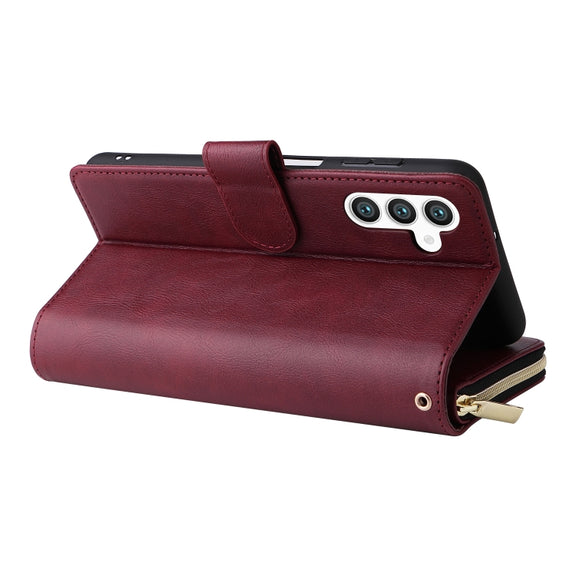 For Samsung Galaxy S24+ 5G 9-Card Slots Zipper Wallet Bag Leather Phone Case(Wine Red)