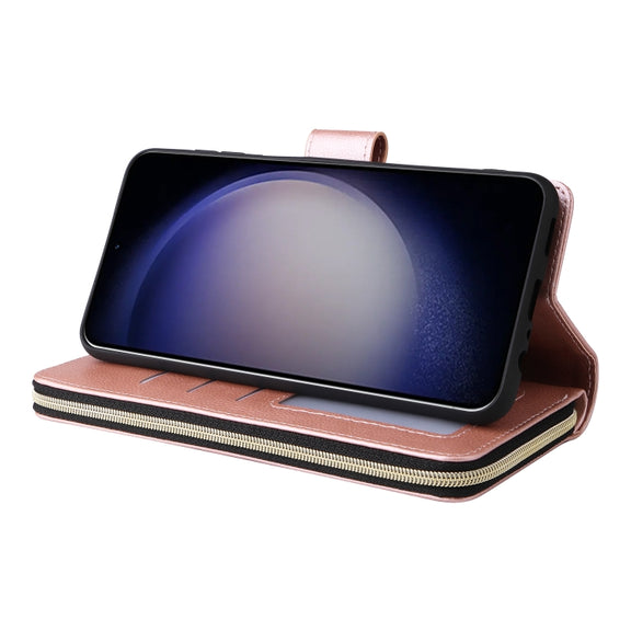 For Samsung Galaxy S24 5G 9-Card Slots Zipper Wallet Bag Leather Phone Case(Rose Gold)