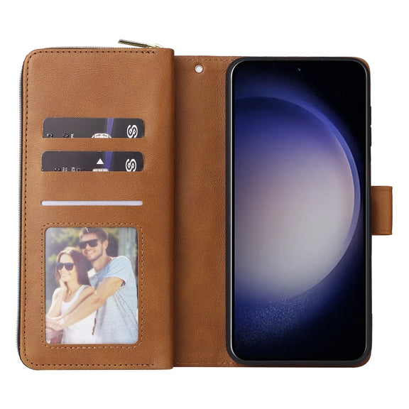 For Samsung Galaxy S24 5G 9-Card Slots Zipper Wallet Bag Leather Phone Case(Brown)
