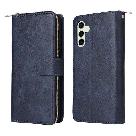 For Samsung Galaxy S24 FE 5G 9-Card Slots Zipper Wallet Bag Leather Phone Case(Blue)