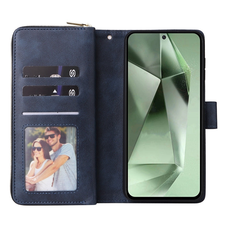 For Samsung Galaxy S24 FE 5G 9-Card Slots Zipper Wallet Bag Leather Phone Case(Blue)