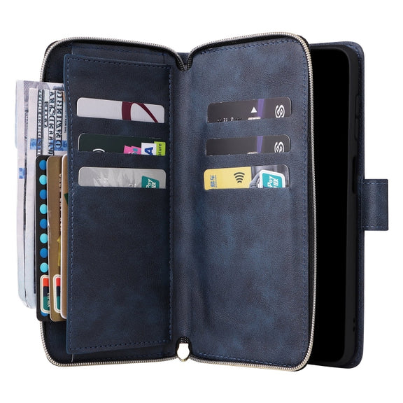 For Samsung Galaxy S24 FE 5G 9-Card Slots Zipper Wallet Bag Leather Phone Case(Blue)