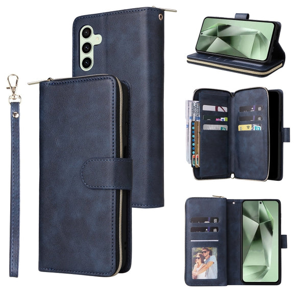 For Samsung Galaxy S24 FE 5G 9-Card Slots Zipper Wallet Bag Leather Phone Case(Blue)