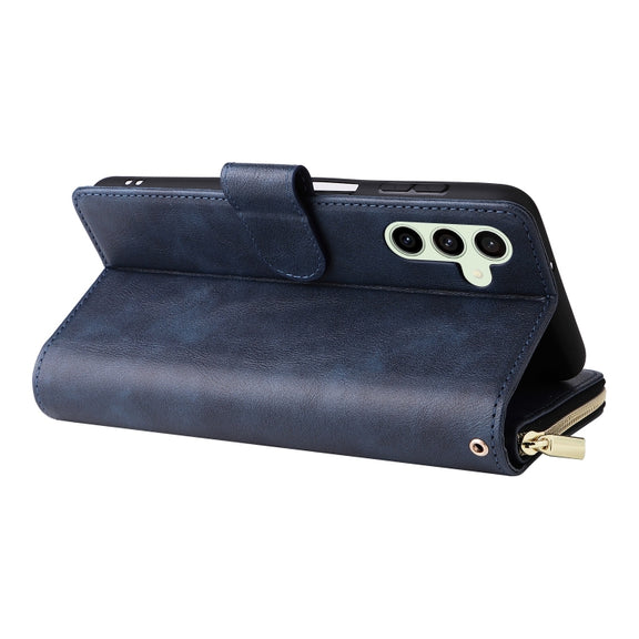 For Samsung Galaxy S24 FE 5G 9-Card Slots Zipper Wallet Bag Leather Phone Case(Blue)