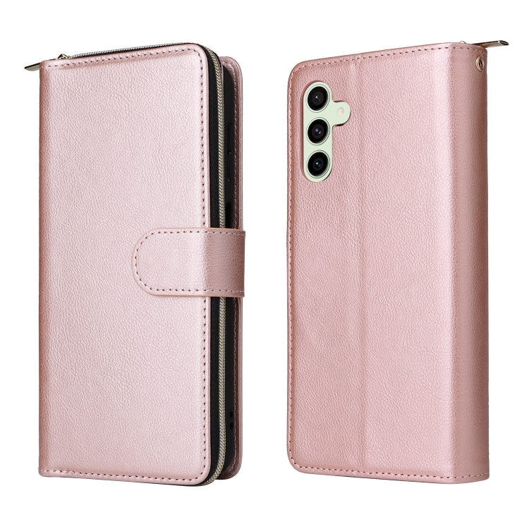 For Samsung Galaxy S24 FE 5G 9-Card Slots Zipper Wallet Bag Leather Phone Case(Rose Gold)