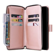For Samsung Galaxy S24 FE 5G 9-Card Slots Zipper Wallet Bag Leather Phone Case(Rose Gold)