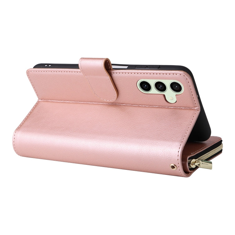For Samsung Galaxy S24 FE 5G 9-Card Slots Zipper Wallet Bag Leather Phone Case(Rose Gold)