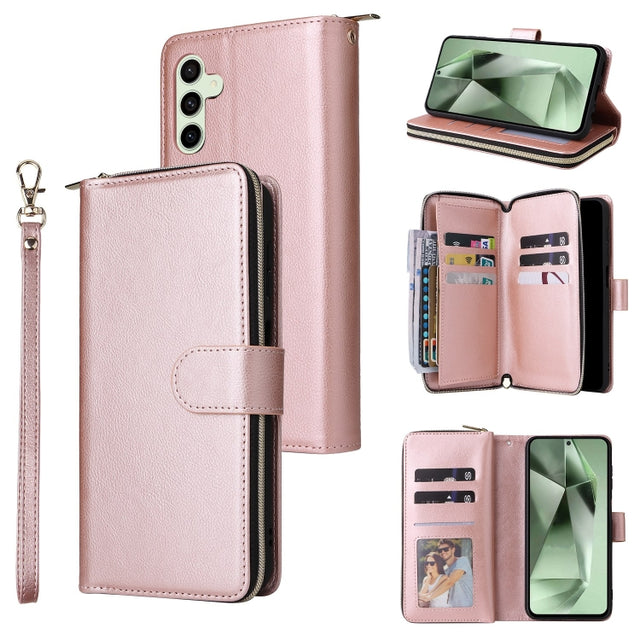 For Samsung Galaxy S24 FE 5G 9-Card Slots Zipper Wallet Bag Leather Phone Case(Rose Gold)
