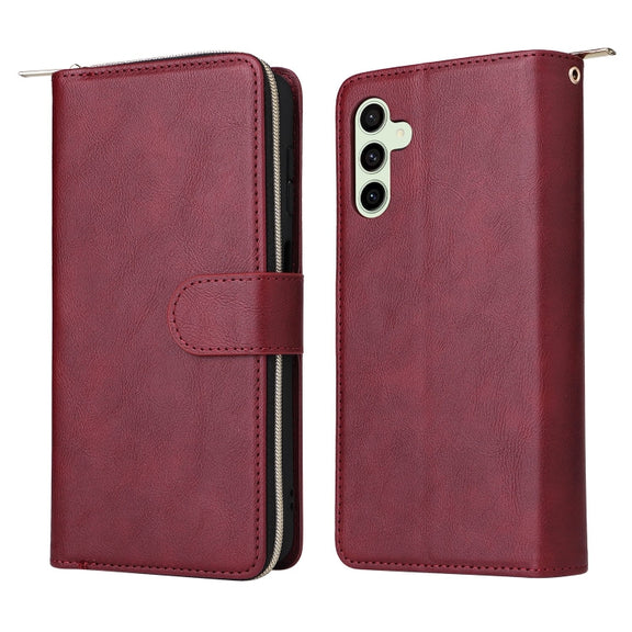 For Samsung Galaxy S24 FE 5G 9-Card Slots Zipper Wallet Bag Leather Phone Case(Wine Red)