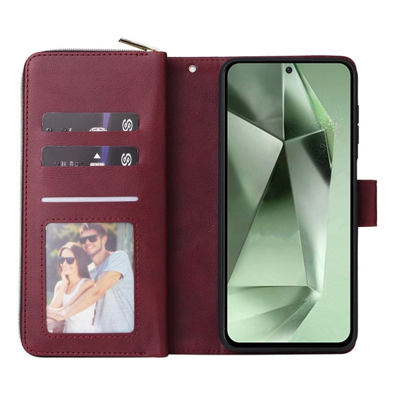 For Samsung Galaxy S24 FE 5G 9-Card Slots Zipper Wallet Bag Leather Phone Case(Wine Red)