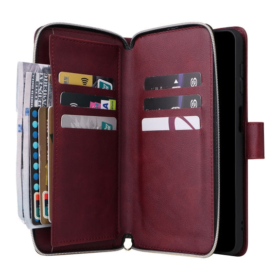 For Samsung Galaxy S24 FE 5G 9-Card Slots Zipper Wallet Bag Leather Phone Case(Wine Red)