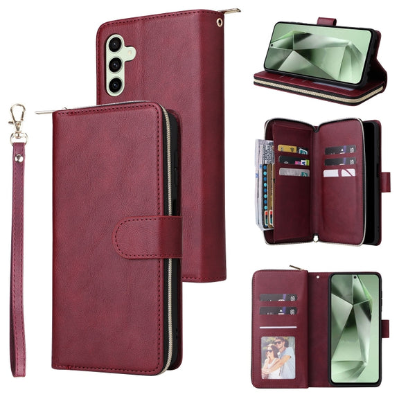 For Samsung Galaxy S24 FE 5G 9-Card Slots Zipper Wallet Bag Leather Phone Case(Wine Red)