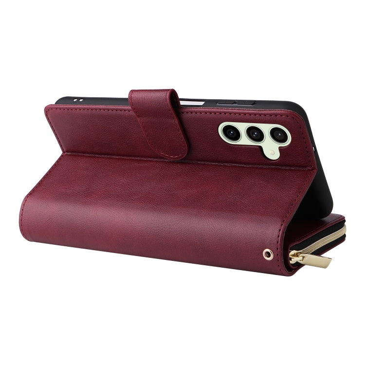 For Samsung Galaxy S24 FE 5G 9-Card Slots Zipper Wallet Bag Leather Phone Case(Wine Red)
