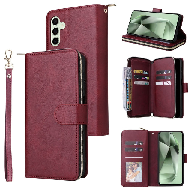 For Samsung Galaxy S24 FE 5G 9-Card Slots Zipper Wallet Bag Leather Phone Case(Wine Red)
