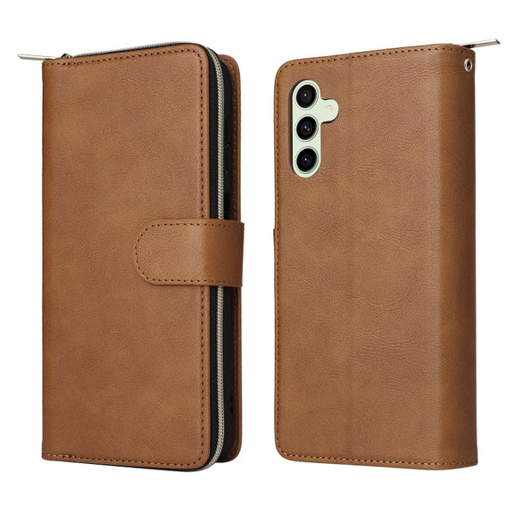 For Samsung Galaxy S24 FE 5G 9-Card Slots Zipper Wallet Bag Leather Phone Case(Brown)