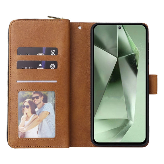 For Samsung Galaxy S24 FE 5G 9-Card Slots Zipper Wallet Bag Leather Phone Case(Brown)