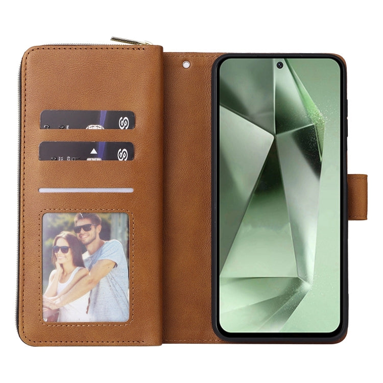 For Samsung Galaxy S24 FE 5G 9-Card Slots Zipper Wallet Bag Leather Phone Case(Brown)