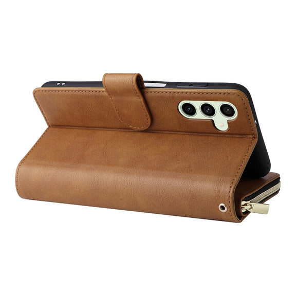 For Samsung Galaxy S24 FE 5G 9-Card Slots Zipper Wallet Bag Leather Phone Case(Brown)